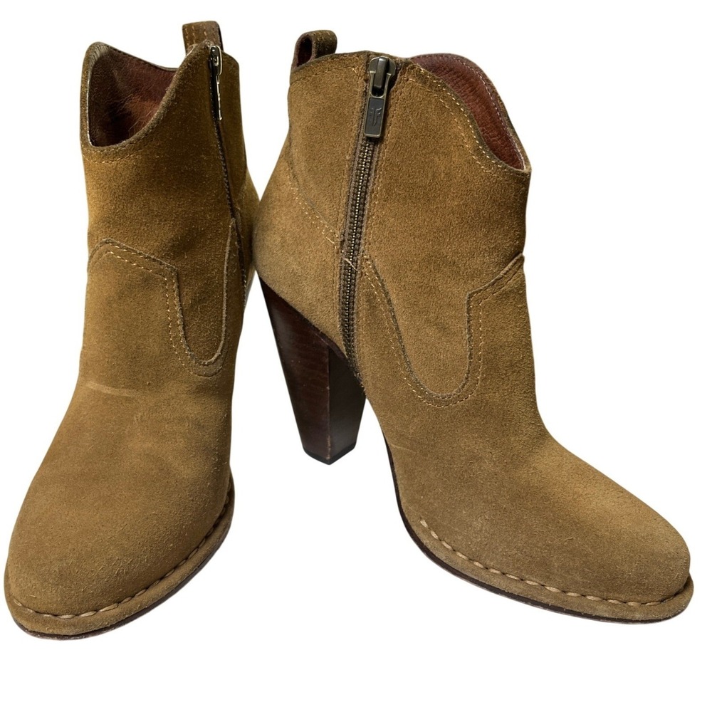 Frye Madeleine Suede Ankle Boots Brown Leather Lined Stacked Heel 8.5 - Picture 2 of 8
